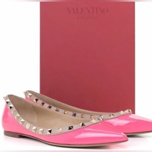 Valentino Rockstud Pointed Toe Ballet Flats Fuchsia Patent Leather Size 38